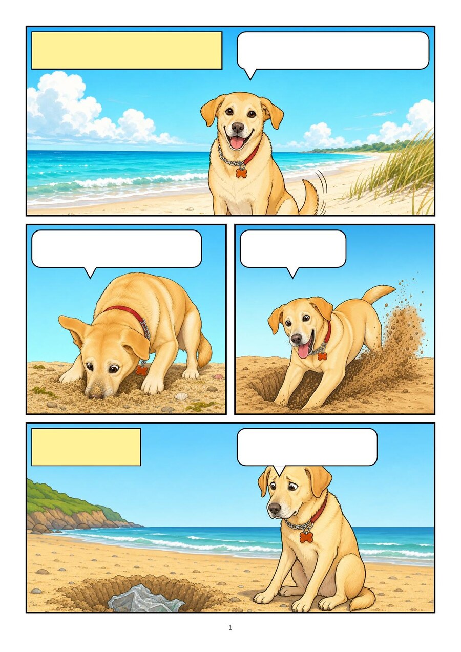 The same four-panel comic page with empty speech and narration balloons