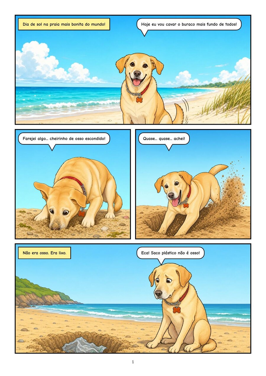 A finished four-panel comic page starring Rex the dog, with Portuguese speech balloons